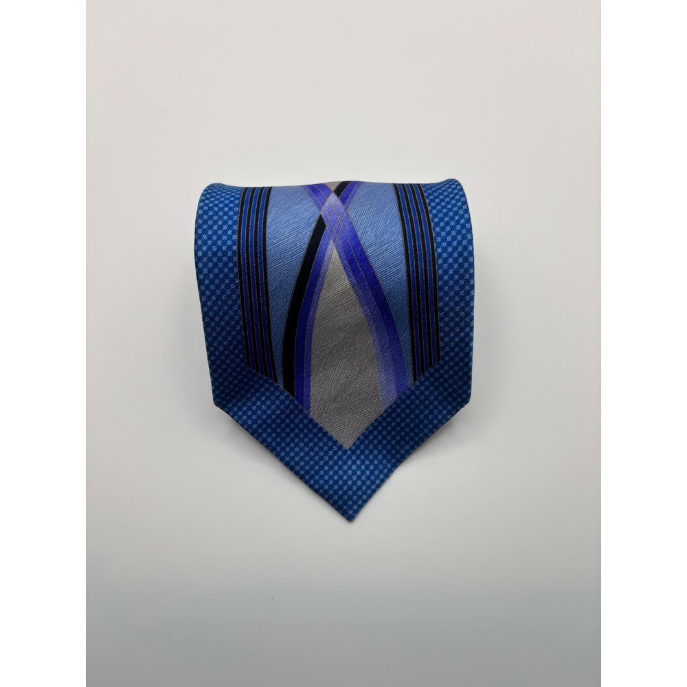 Enrico Venturi Silk Tie Blue Silver Geometric Wave Handmade Italy Mens Necktie